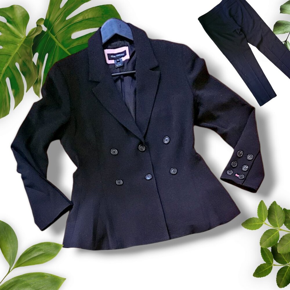 Pink Tartan Black Wool Suit, sz 8
